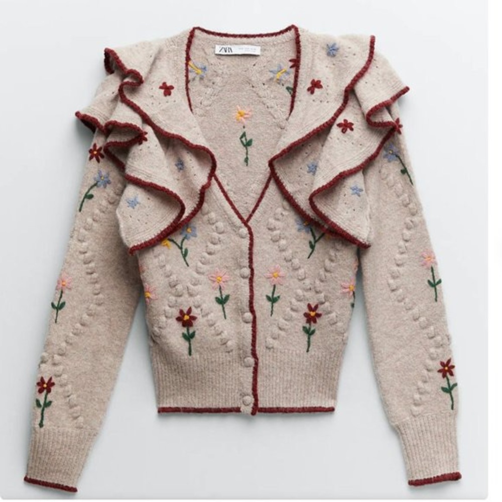Zara embroidered floral ruffle cardigan sweater M - Picture 2 of 6